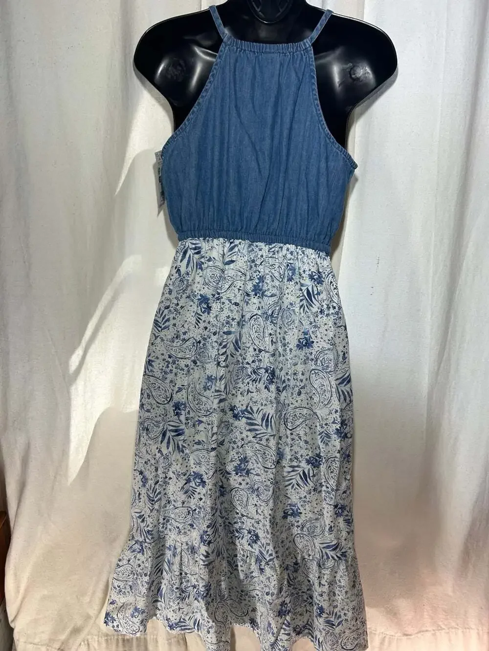Oshkosh Girls NWT denim spaghetti strap white and blue floral dress size 14 -14A